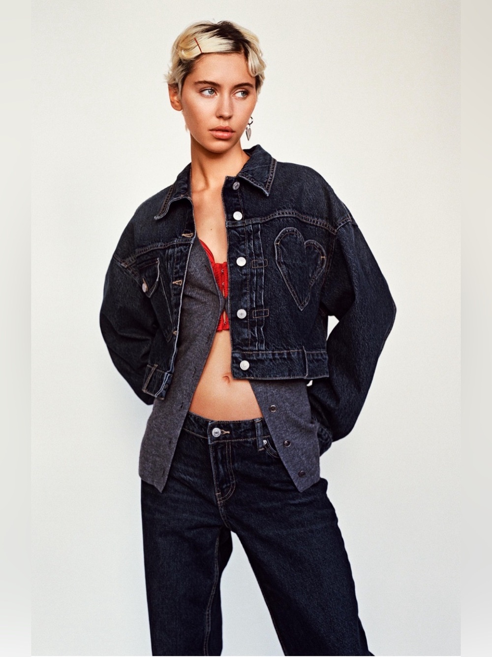 Zara Cropped Denim Jacket with Heart Pocket NWOT